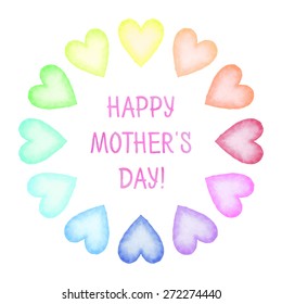 Hand painted Mother's Day card. Rainbow spiral of colorful hearts with text. Vector illustration.