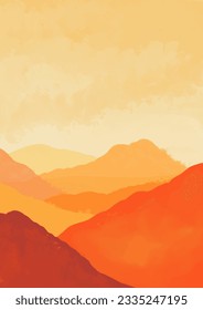 Hand painted mountain landscape background in shades of orange