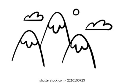 Hand painted mountains. Snow capped peaks to clouds. Graphic element for printing on fabric. msimmalistic poster or banner. Art and creativity, childrens drawing. Cartoon flat vector illustration