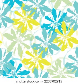 Hand painted multicolor watercolor allover seamless spring daisy liberty flowers Delicate multicolored flowers and tropical leaves on pastel background.
