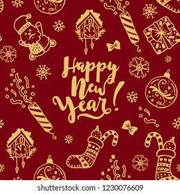 Hand painted New Year doodle pattern with Christmas clock, Santa, candies sock, cracker and ball on deep red background.