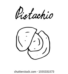 Hand painted nut on an isolated white background. Black outline pistachio. Vector illustration.