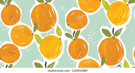 Hand painted oranges fruit seamless pattern design with citrus fruit on mint background