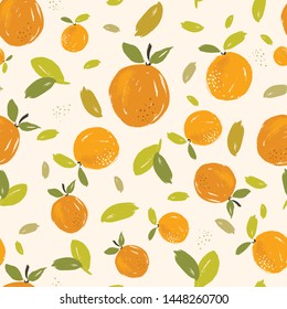 Hand Painted Oranges Fruit Seamless Pattern Design With Citrus Fruit On Cream Background

