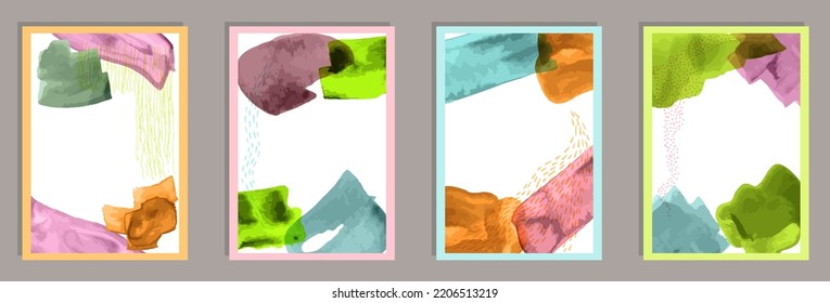 Colección vectorial de lienzo original pintada a mano. Las acuarelas rompen fondo. marcos de estilo de los años 50. Excelentes plantillas artísticas de portada. Elementos Doodle.