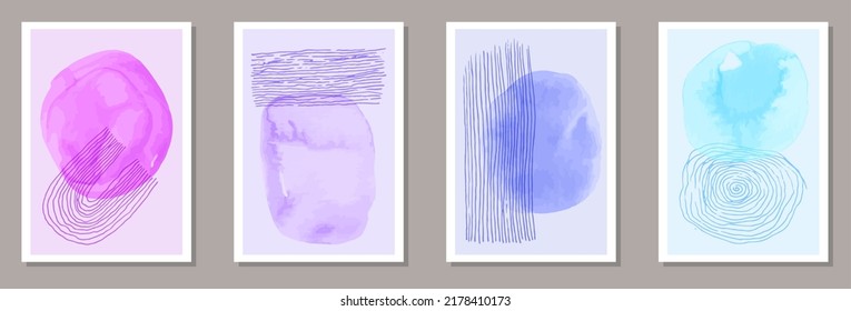Hand painted original postcards vector collection. Watercolor spots texture. Chinese style design. Youth banner templates. Doodle elements.