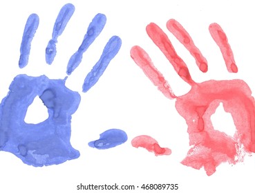 Hand painted palm-prints of both hands. Left hand is blue, and the right one is red.