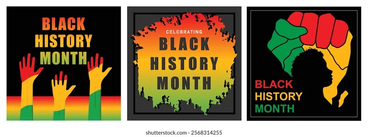 Hand painted Pan-African flag colors.Black History Month celebrated in February. Silhouette of a black person in front of a map of Africa. Black History Month concept. Set flat vector illustration.