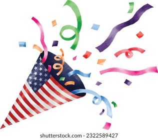 Hand painted party popper in USA flag pattern watercolor brush paint isolate on white background.4th of July .Vector illustration 