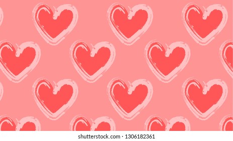 Hand Painted Passion Hearts Repeating on Pink Background. Valentines Pattern Template. Vector Illustration