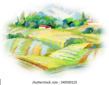 Hand painted pastel countryside landscape on white background vector illustration