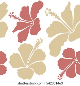 Hand painted. Pattern in beige and pink colors with tropic summertime motif may be used as texture, wrapping paper, textile design. Vector seamless pattern of tropical hibiscus flowers, dense jungle.
