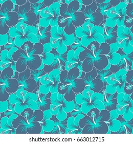 Hand painted. Pattern in blue colors with tropic summertime motif may be used as texture, wrapping paper, textile design. Vector seamless pattern of tropical hibiscus flowers, dense jungle.