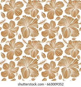 Hand painted. Pattern in brown colors with tropic summertime motif may be used as texture, wrapping paper, textile design. Vector seamless pattern of tropical hibiscus flowers, dense jungle.