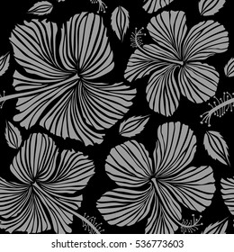 Hand painted. Pattern in gray colors with tropic summertime motif may be used as texture, wrapping paper, textile design. Vector seamless pattern of tropical hibiscus flowers, dense jungle.
