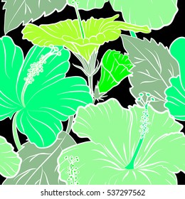 Hand painted. Pattern in green colors with tropic summertime motif may be used as texture, wrapping paper, textile design. Vector of tropical hibiscus flowers, dense jungle.