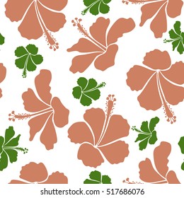 Hand painted. Pattern in green and orange colors with tropic summertime motif may be used as texture, wrapping paper, textile design. Vector seamless pattern of tropical hibiscus flowers, dense jungle