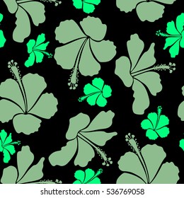 Hand painted. Pattern in neutral and green colors with tropic summertime motif may be used as texture, wrapping paper, for textile. Vector seamless pattern of tropical hibiscus flowers, dense jungle.