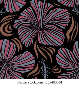 Hand painted. Pattern in pink and neutral colors with tropic summertime motif may be used as texture, wrapping paper, textile design. Vector of tropical hibiscus flowers, dense jungle.