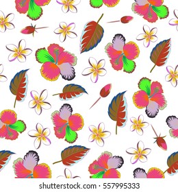 Hand painted pattern with tropic summertime motif may be used for fabric, wrapping paper, textile. Vector seamless pattern of tropical flowers, multicolor hibiscus on a white background, dense jungle.