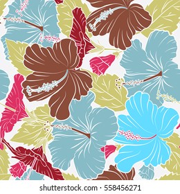 Hand painted. Pattern with tropic summertime motif may be used as texture, wrapping paper or textile design. Vector of tropical flowers, multicolor hibiscus on a neutral background, dense jungle.