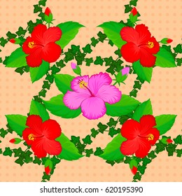 Hand painted. Pattern with tropic summertime motif may be used as texture, wrapping paper or textile design. Vector seamless pattern of tropical flowers, hibiscus on a beige background, dense jungle.