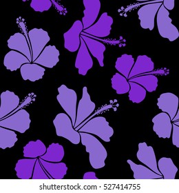 Hand painted. Pattern in violet colors with tropic summertime motif may be used as texture, wrapping paper or textile design. Vector seamless pattern of tropical flowers, hibiscus, dense jungle.