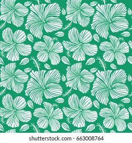 Hand painted. Pattern in white color with tropic summertime motif may be used as texture, wrapping paper, textile design. Vector seamless pattern of tropical hibiscus flowers, dense jungle.