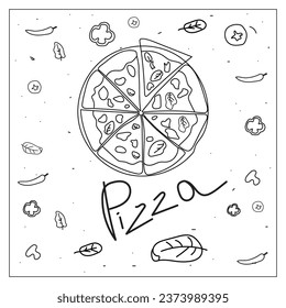 Hand - painted pizza . Doodle style. Labels for pizzerias, badges and design elements. The vector is black and white.