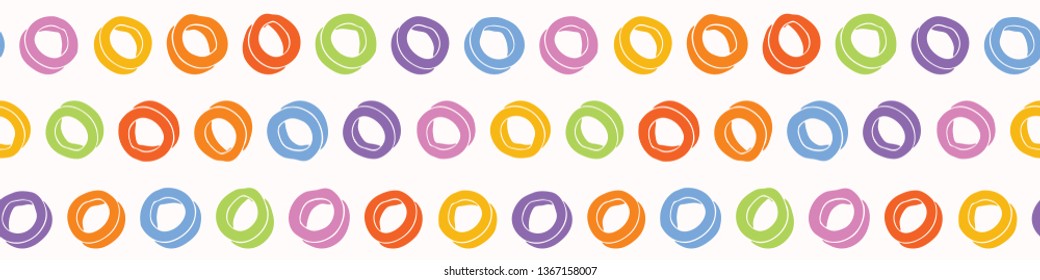 Hand painted rainbow loop circle rings stripes. Seamless border pattern. Multicolor fun vector illustration. Wonky striped bright ribbon edge trim. Colorful gender neutral baby home decor. Washi tape.