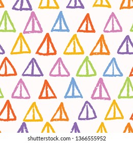 Hand painted rainbow triangles. Seamless repeat pattern. Childish fun vector illustration. Geometric bright scrapbooking paper, all over print. Colorful gender neutral baby kid home decor wallpaper.