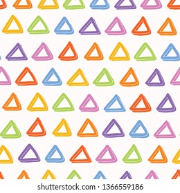 Hand painted rainbow triangles. Seamless repeat pattern. Childish fun vector illustration. Geometric bright scrapbooking paper, all over print. Colorful gender neutral baby kid home decor wallpaper.