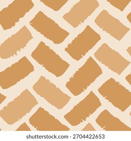 Formas retangulares pintadas à mão criando uma ilusão de tijolos dispostos como um padrão de espinha de arenque minimalista em cores sutis de marrom, creme e pêssego no fundo bege. Padrão de vetor sem emenda abstrato. 