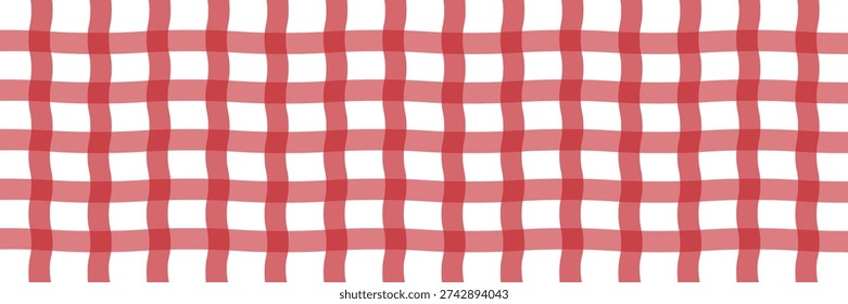 Hand painted red gingham check pattern. Red gingham pattern with hand drawn wavy lines for cloth or summer textile background, red and white check.