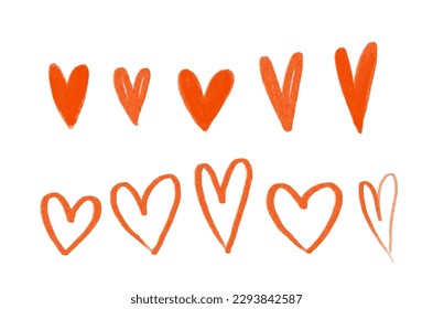 hand painted red hearts set. Set of cute childish hearts. Valentines day. Love illustration,  design, decor. 