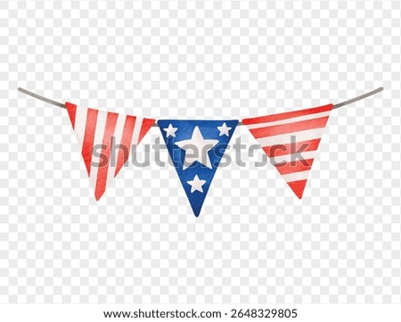 Hand painted red, white, and blue pennant banner in a patriotic USA style for Independence Day events. vector.