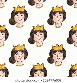 Hand painted regal queen with gold crown and necklace in a color palette of cream, blush pink, gold, black on an off-white background. A seamless vector pattern. Great for homedecor, fabric,wallpaper