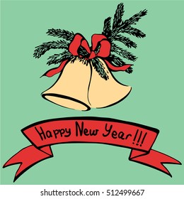 Hand painted retro illustration of New Year bells with fir branches 