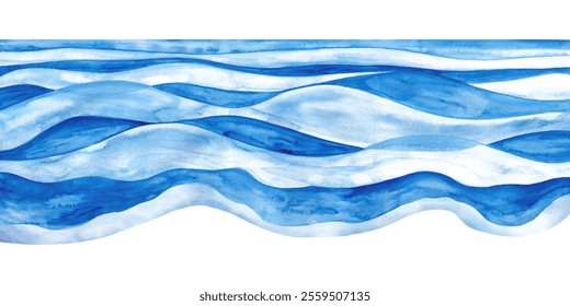 Río pintado a mano en estilo acuarela. Abstractas Anuncio Horizontal con olas. Agua azul aislada sobre fondo blanco. Marco de mar. Vista mínima del océano