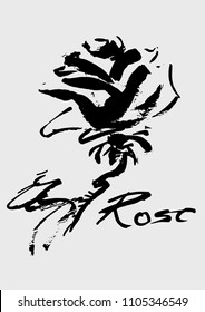 hand painted rose flowers,black ink brush strokes rose, suitable for printing,textile 