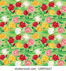 Hand painted roses seamless pattern in pink, red, white and yellow tones on green background