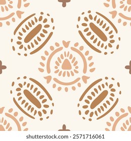 Hand painted round and oval block prints in cream and brown on off white background. An ethnic seamless vector pattern. Great for home decor, fabric, wallpaper, gift wrap, stationery, packaging design