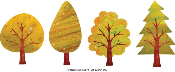 Conjunto de árbol grande de estilo escandinavo pintado a mano - Imagen ecológica - otoño - hojas de otoño - fondo blanco de Vector