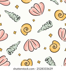 Hand painted scattered sea shells and sparkles in a color palette of light pink, blue, yellow, gold and black on an off-white background. A seamless vector pattern. Great for home decor, fabric.