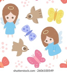 Hand painted seamless pattern with angel, pigeon, butterfly, chalk texture
