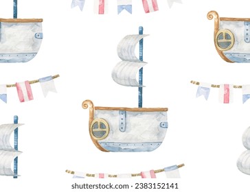 hand painted seamless pattern with blue ships and celebrating flags. Nautical endless design.  Funny ocean background for kids. Isolated illustration. and Adventure 