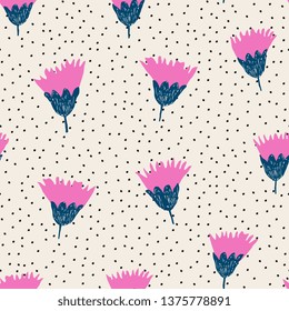 Hand painted seamless pattern with carnation flowers in pink and blue on dots texture background. 