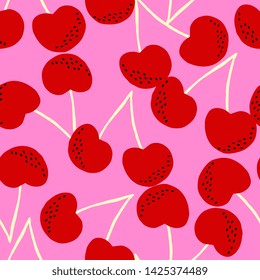 Hand painted seamless pattern with cherries in red, black and vanilla on pink background.