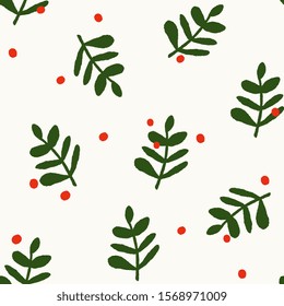 Hand painted seamless pattern with Christmas berries in red and green on white background.