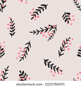 Hand painted seamless pattern with Christmas berries in pink and black on light beige background.